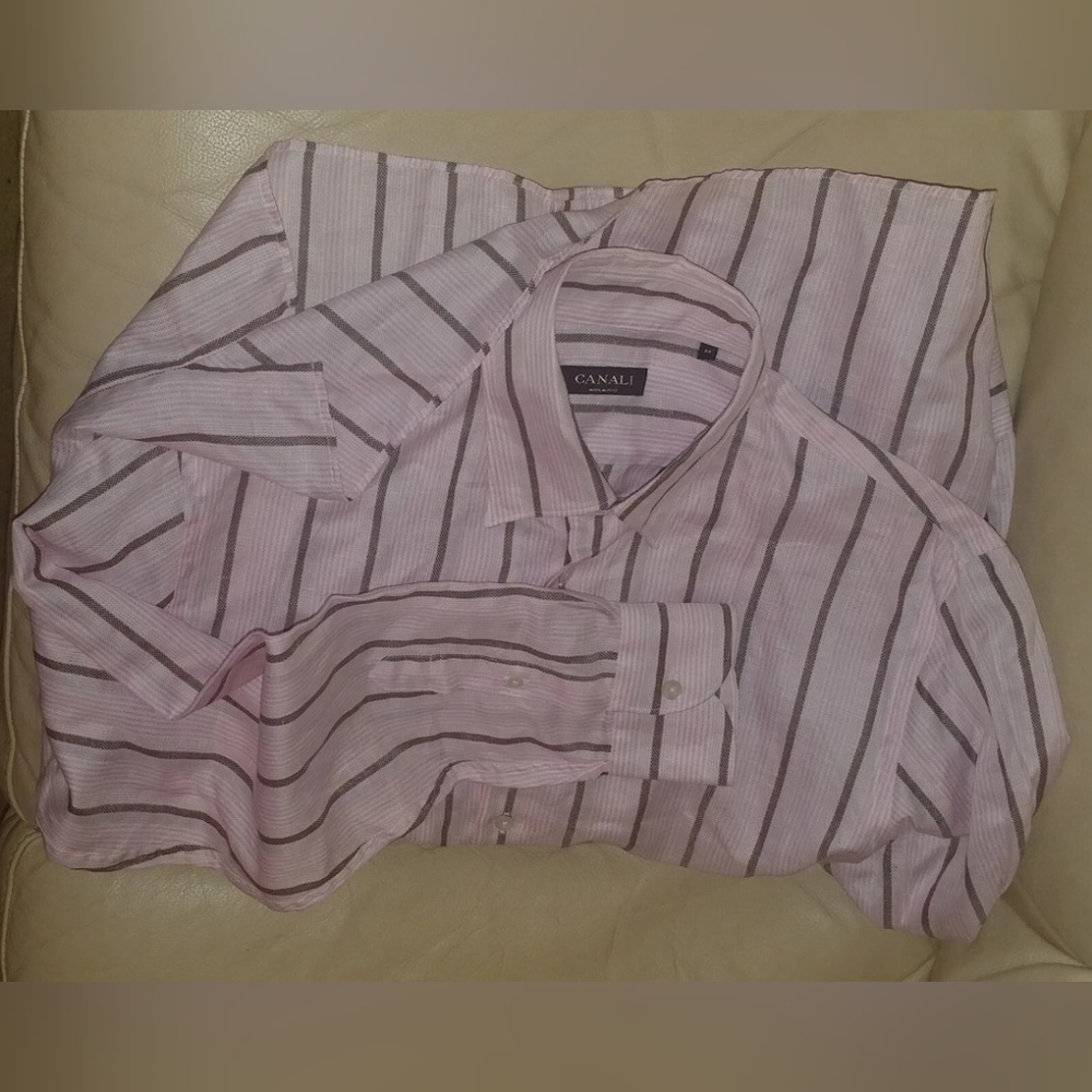 CANALI MEN'S PINK STRIPED COTTON-LINEN LONG SLEEVE SHIRT SIZE M MADE ITALY